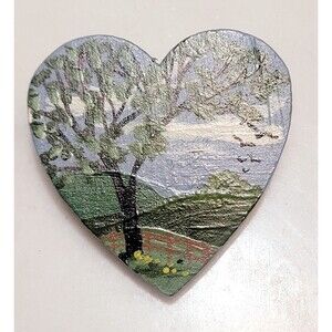 Handpainted Landscape Wooden Heart Brooch Tree Hills Birds Signed